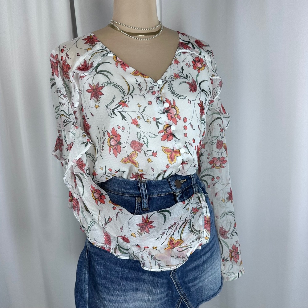 CeCe XL Floral Sheer Blouse Romantic Cottagecore Button Front Top Chiffon Ruffle